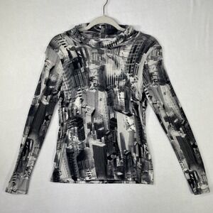 Vintage Zoe by Michael Phillips Black White City Long Sleeve Blouse M